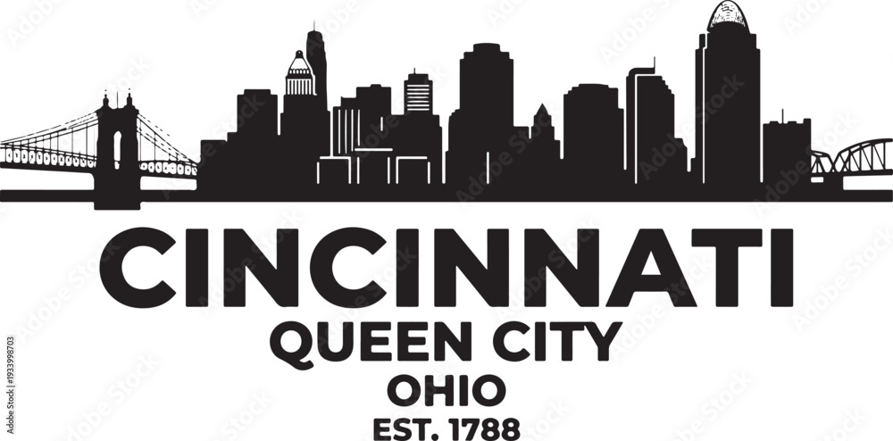 Fototapeta premium Cincinnati Ohio city skyline silhouette with Queen City text