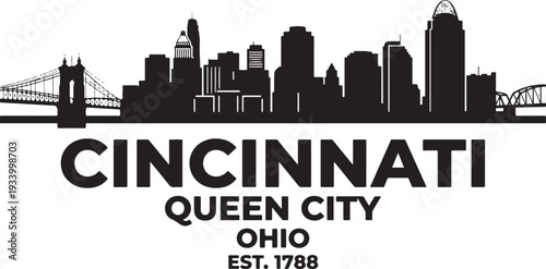 Cincinnati Ohio city skyline silhouette with Queen City text