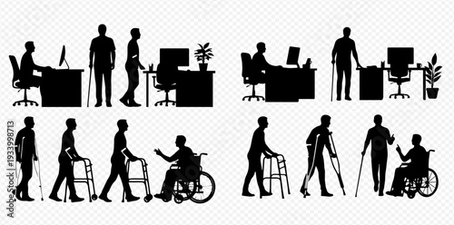 Silhouettes of disabled people working in an office and using various mobility aids.