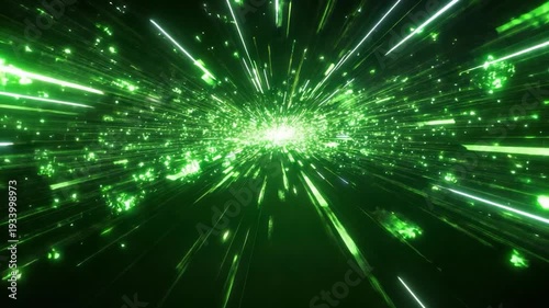 A glowing green explosion of light rays radiates outwards from a central point against a dark background