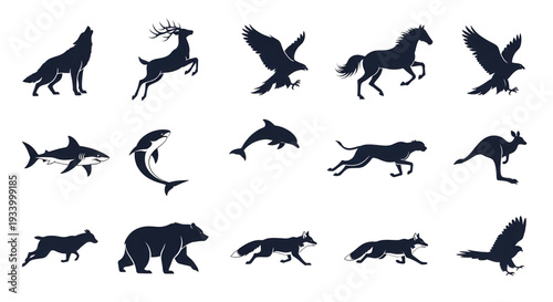 Diverse vector collection of wild animal silhouettes, featuring various species from land, air, and sea in a striking black and white illustrative style for graphic design projects