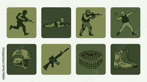 Military Personnel and Gear Vector Illustration – Soldiers, Weapons, Ammunition, and Tactical Equipment in Green Silhouette Style for Educational, Training, and Graphic Design Projects