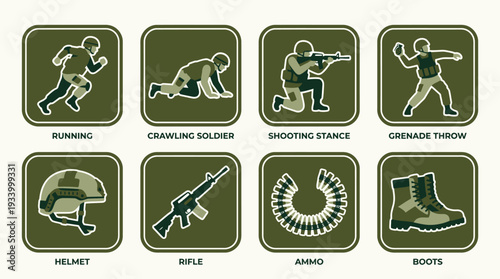 Military Personnel and Gear Vector Illustration – Soldiers, Weapons, Ammunition, and Tactical Equipment in Green Silhouette Style for Educational, Training, and Graphic Design Projects
