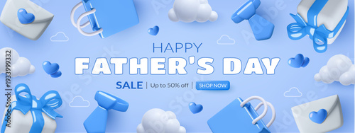 3d Father's Day sale banner with cute ties, gifts and hearts on blue background. Vector illustration. 