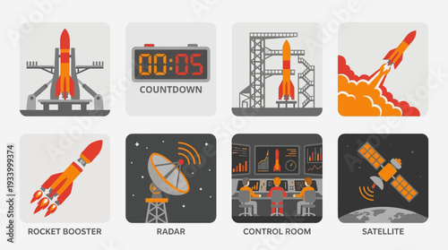 Rocket Launch Vector Illustration – Missile, Countdown, Tower, Booster, Radar, Control Room, and Satellite Icons in Black and White for Educational and Graphic Design Projects