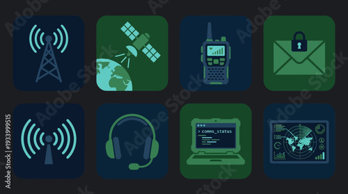 Communication Technology Vector Illustration – Radio, Satellite, Encryption, Signals, and Digital Devices in Black and White for Educational, Tactical, and Graphic Design Projects