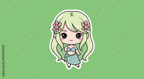 Adorable cartoon girl holding flowers in a whimsical setting