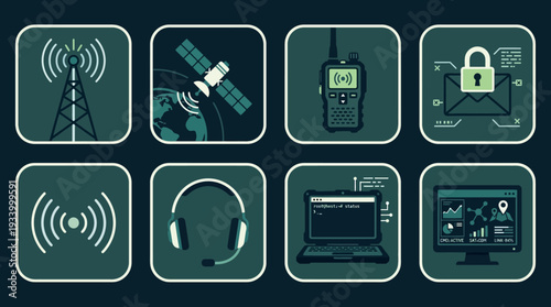 Communication Technology Vector Illustration – Radio, Satellite, Encryption, Signals, and Digital Devices in Black and White for Educational, Tactical, and Graphic Design Projects