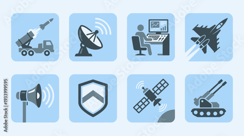Military Defense Systems Vector Illustration – Missiles, Fighter Jet, Satellite, Communication, and Protection Icons in Blue and Gray for Educational, Tactical, and Graphic Design Projects