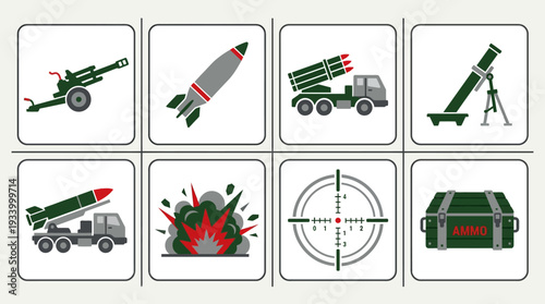 Military Equipment Vector Illustration – Artillery, Missiles, Launchers, Ammunition, and Combat Symbols in Black and White for Educational, Tactical, and Graphic Design Projects