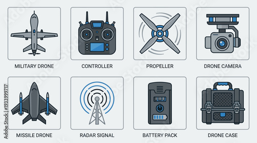 Drone Technology Vector Illustration – UAVs, Remote Control, Cameras, Communication Equipment, and Accessories in Black and White for Educational, Decorative, and Graphic Design Projects