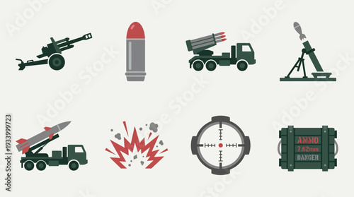 Military Equipment Vector Illustration – Artillery, Missiles, Launchers, Ammunition, and Combat Symbols in Black and White for Educational, Tactical, and Graphic Design Projects
