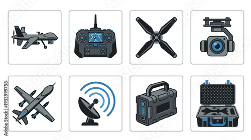 Drone Technology Vector Illustration – UAVs, Remote Control, Cameras, Communication Equipment, and Accessories in Black and White for Educational, Decorative, and Graphic Design Projects