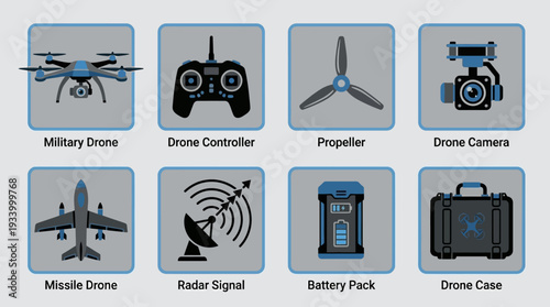 Drone Technology Vector Illustration – UAVs, Remote Control, Cameras, Communication Equipment, and Accessories in Black and White for Educational, Decorative, and Graphic Design Projects
