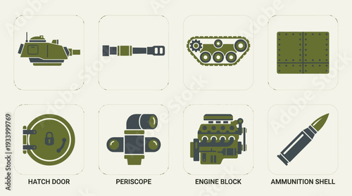 Tank Components Vector Illustration – Armored Vehicle Parts, Weapons, Optics, and Mechanical Symbols in Green and Black for Educational, Tactical, and Graphic Design Projects