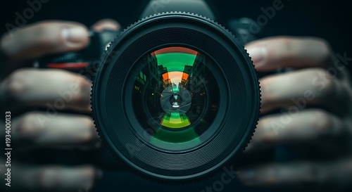 photographer take pictures Snapshot camera, capturing a vibrant urban reflection within the lens, symbolizing the art of seeing the world through a creative frame.