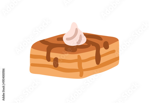 Cake, sweet dessert. Pastry piece, bakery with whipped cream topping and dripping caramel syrup. Baked confectionery, delicious vanilla treat. Flat vector illustration isolated on white background
