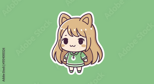 A cartoon girl with cat ears standing alone on a green background in a simple illustration style from a front viewpoint