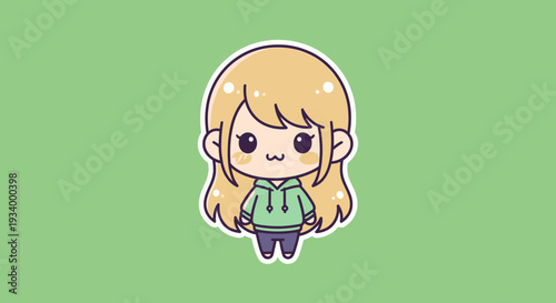 A cartoon girl with blonde hair standing on a green background illustration