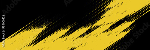 Abstract yellow grunge brush stroke on black background, urban halftone pattern texture, sporty dynamic racing banner, street art graffiti style, modern creative header design element.