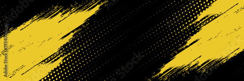 Abstract yellow grunge brush stroke on black background, urban halftone pattern texture, sporty dynamic racing banner, street art graffiti style, modern creative header design element.