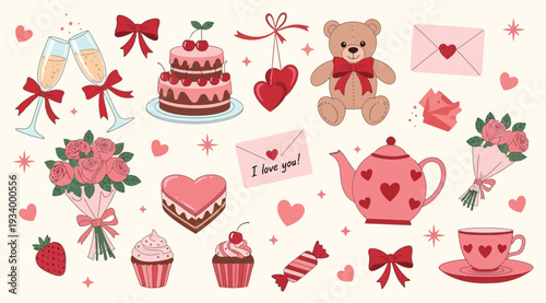 Collection of cute pink valentines day objects and food items including cake, cupcakes, and a teddy bear on a cream background