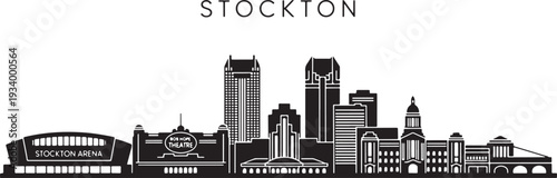 Modern Stockton city skyline with iconic buildings and arena