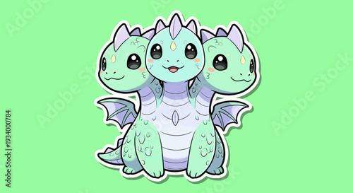 Three-headed cartoon dragon illustration with wings, sitting and looking forward, fantasy creature concept art