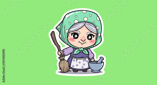 An elderly lady cooking in the kitchen with a ladle and pot beside a small furry animal from a front viewpoint