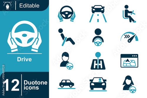 Collection of 12 duotone icons representing various aspects of driving, including car controls, navigation, and passenger comfort for digital applications