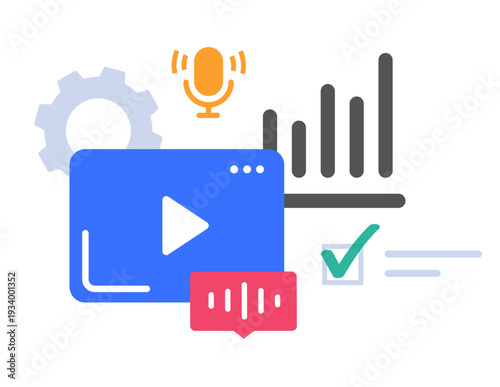 Video content marketing production sales analytics dashboard icon vector modern illustration design, film movie footage strategy technology, podcast performance management profit
