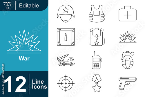 Military icons collection Featuring combat gear, weapons, and tactical equipment for a comprehensive depiction of warfare and defense operations, suitable for design projects