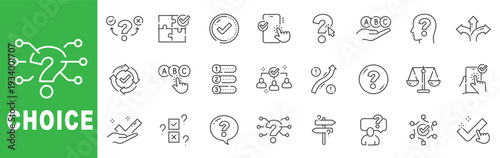 Choice and decision outline icon set featuring options, question marks, checklist, strategy, workflow, editable stroke vector design.