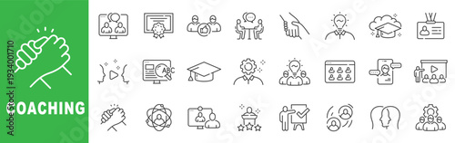 Coaching outline icon set featuring mentoring, leadership, teamwork, training, webinar, feedback, editable stroke vector design for professional development.