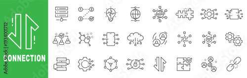 Connection and networking outline icon set featuring cloud, data flow, integration, security, collaboration, editable stroke vector design.