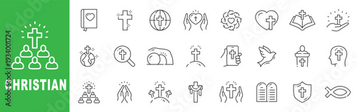 Christianity outline icon set featuring cross, bible, prayer, church, worship, faith symbols, editable stroke vector design.