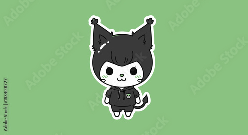 A cartoon cat character with black fur and white face stands on a green background with a cute expression and playful posture.