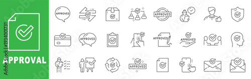 Approval and verification outline icon set featuring approved stamps, checkmarks, documents, compliance, workflow, editable stroke vector design for business.