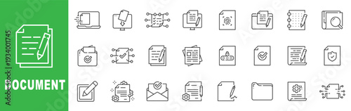 Document outline icon set featuring file management, contract, signature, approval, digital storage, editable stroke vector design for business office.