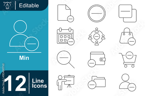 Minimalist icons set, representing various actions like deletion, exclusion, and negation, presented in a clean, editable line art style for digital interfaces and design projects