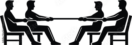 Flat vector silhouettes of people seated on chairs playing tug of war with rope, competition, struggle, teamwork, conflict design illustration