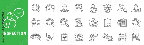 Inspection outline icon set featuring quality control, audit, compliance, checklist, safety assessment, editable stroke vector design.