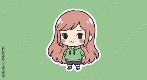 A cartoon girl with pink hair and green hoodie standing on a green background viewed from the front