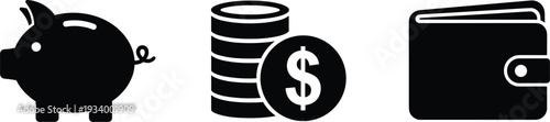 Piggy Bank Stack of Coins and Wallet Icons On White Background Keywords: piggy bank, coins, stack, money, wallet, finance
