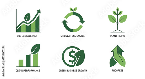 Set of 6 Green Business and Eco Growth Icons Vector isolated on White Background