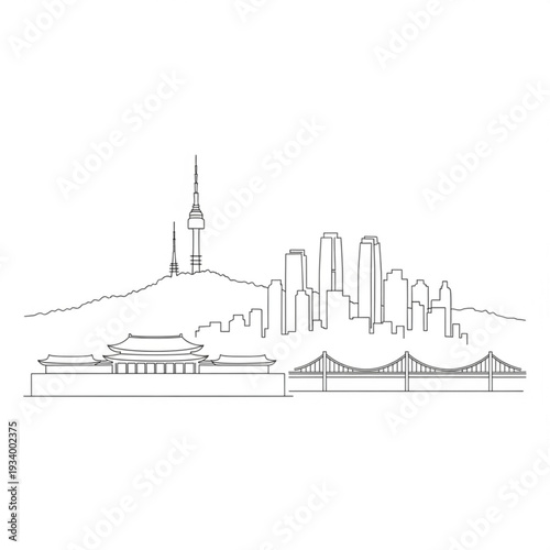 A minimalist line art illustration of the Seoul city skyline featuring iconic landmarks and modern architecture