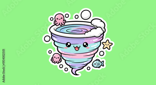 A cartoon tornado in a cup surrounded by sea creatures and bubbles in a whimsical underwater scene illustration.