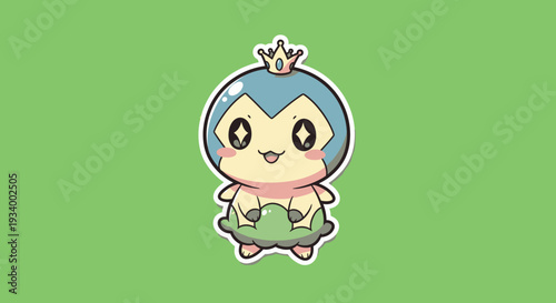 A cartoon character with blue hair and a crown standing on a green background illustration