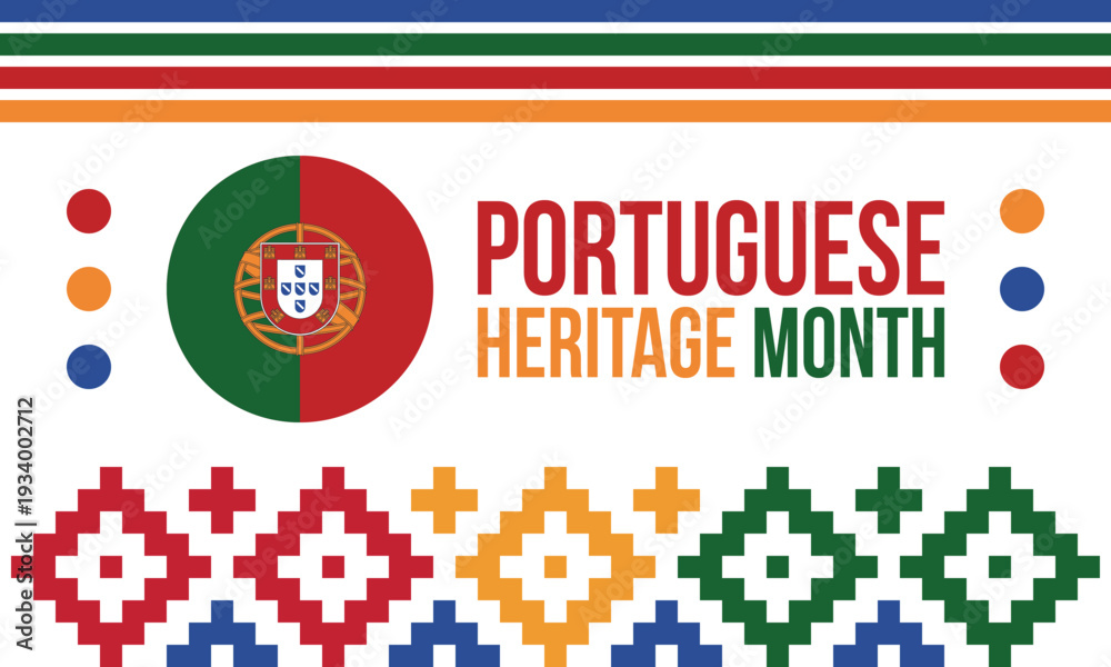 Fototapeta premium Portuguese Heritage Month Graphic with National Flag Emblem and Traditional Folk Art Patterns. Portugal flag. Vector illustration