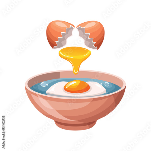 Egg yolk pouring into a bowl with an egg and broken shell